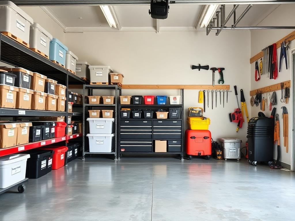 Strak georganiseerde garage met gelabelde opbergboxen op stellingen