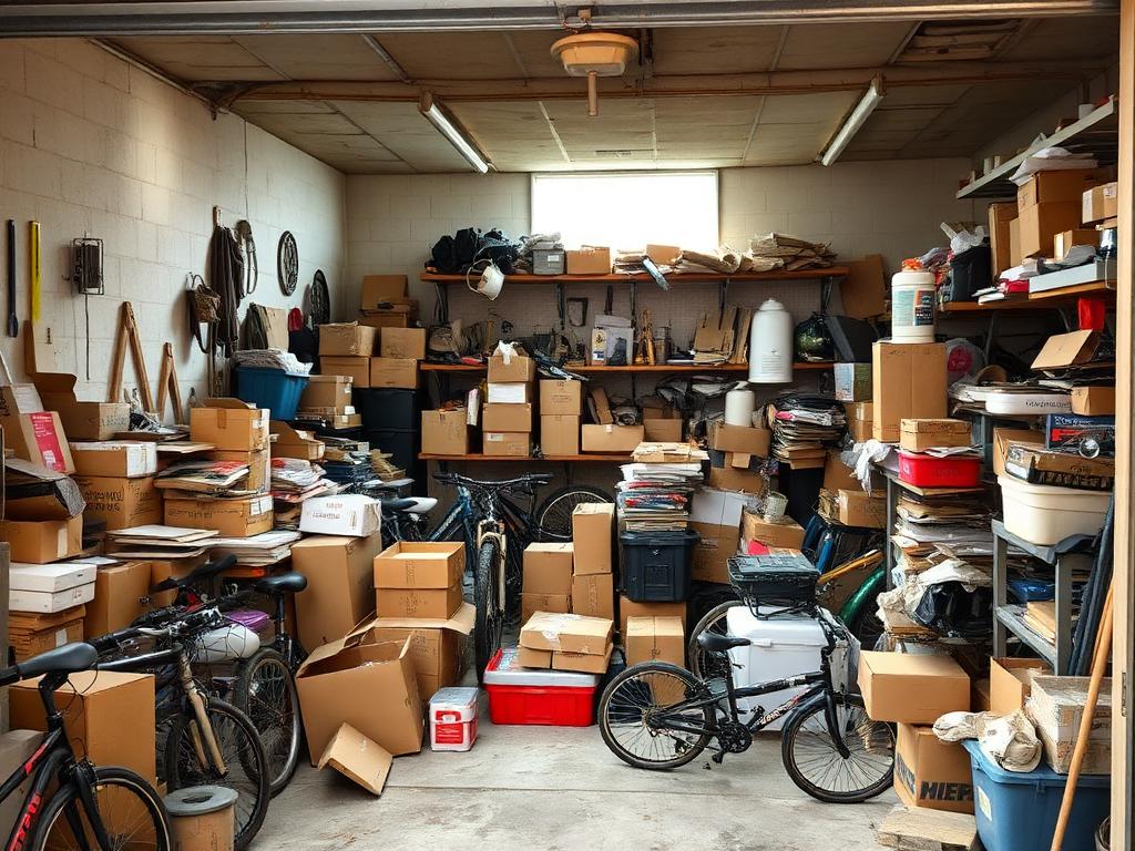 Chaotische, volle garage met stapels dozen, fietsen en losse spullen